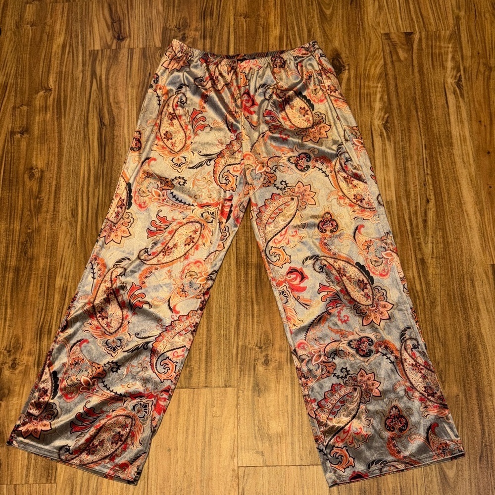 Melissa Paige womens pants large 12 14 tan Paisley velvet wide leg high rise